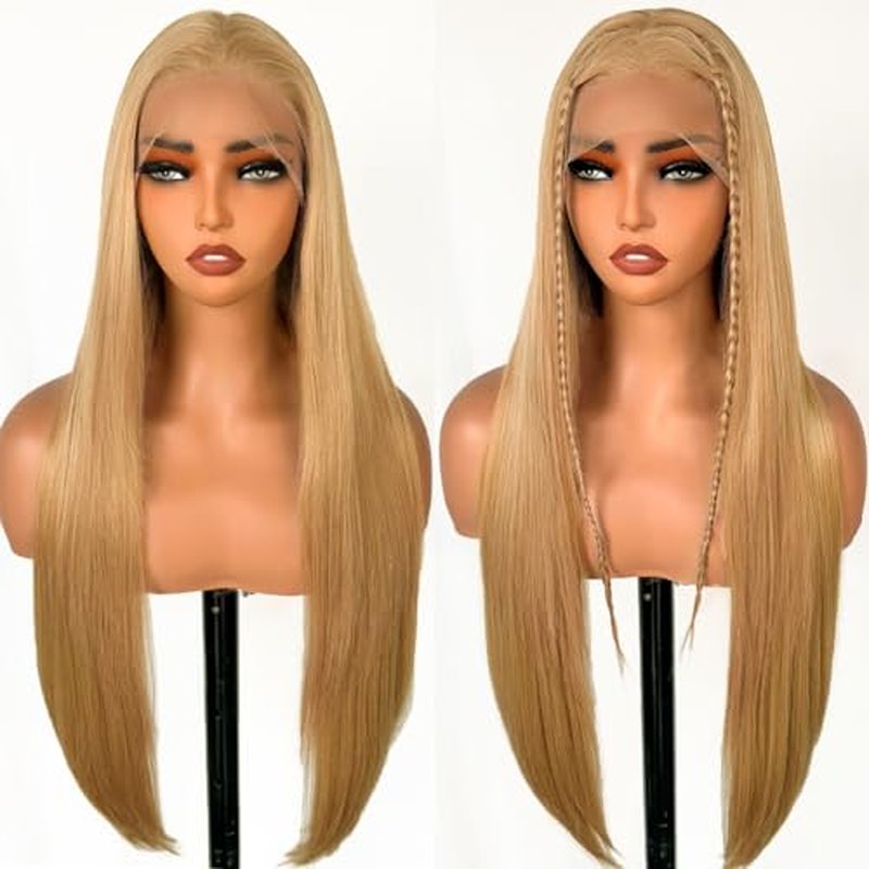 SOKU 13x6 Strawberry Honey Blonde Lace Front Wigs,32 Inch Long Straight Synthetic Hair with Pre Plucked Hairline,Free Part Silky Straight Glueless Lace Frontal Wig for Women Beginner Friendly
