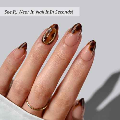 BTArtbox Press On Nails Almond - Amber Hoops, Tortoise Shell Short French Tip Press On Nails with Glue and Adhesive Tabs for Women, Soft Gel Glue On Nails in 16 Sizes - 32 Stick On Nails Kit