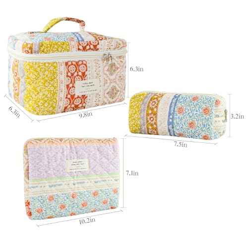 3Pcs Makeup Bag Cotton Quilted Travel Cosmetic Bag Cute Floral Makeup Pouch Large Toiletry Bag for Women Girls (Flower stitching)