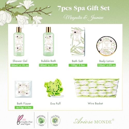 Spa Gifts for Women, Bath Sets, 7Pcs Spa Gift Set w/Shower Gel, Bubble Bath, Bath Salts, Bath Bomb, Body Lotion, Christmas Gifts for Women, Magnolia & Jasmine Bath Set