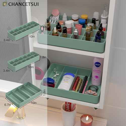 Stackable Drawer Organizer, 3 PCS Versatile Bathroom and Vanity Drawer Organizers Trays Makeup Organization and Storage Set for Lipstick, Lip Gloss, Nail Polish, Cosmetics, Skincare, Jewelry, Green