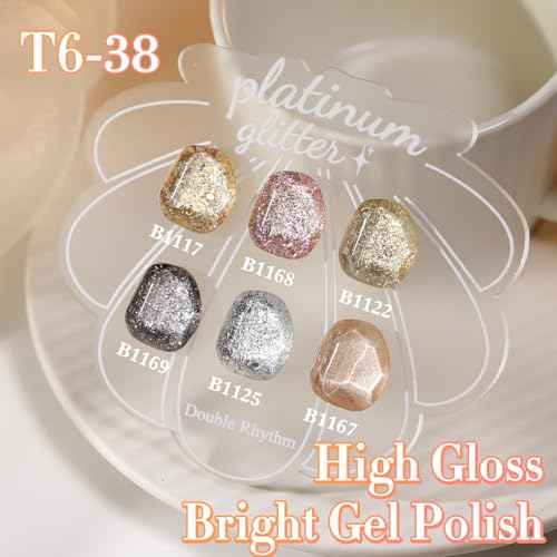 Double Rhythm 0.5 Oz Glitter Gel Polish Set of 6 Color with Display Borad 15 ml Full Size Kit Shimmer Reflective Sparkle Soak Off Manicure Salon DIY at Home (Rose Gold Silver Black Bright-T6-38)