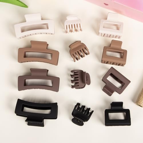 3 Styles Hair Clips for Women - 12 PCS Small Medium Big Claw Clips for Thin Thick Hair, Neutral Colors