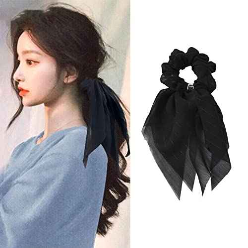 6 Pcs Scrunchies and Hair Accessories: Chiffon Floral Bowknot Ponytail Holders, Soft Elastic Hair Ribbons and Bunny Ear Ties for Women and Girls