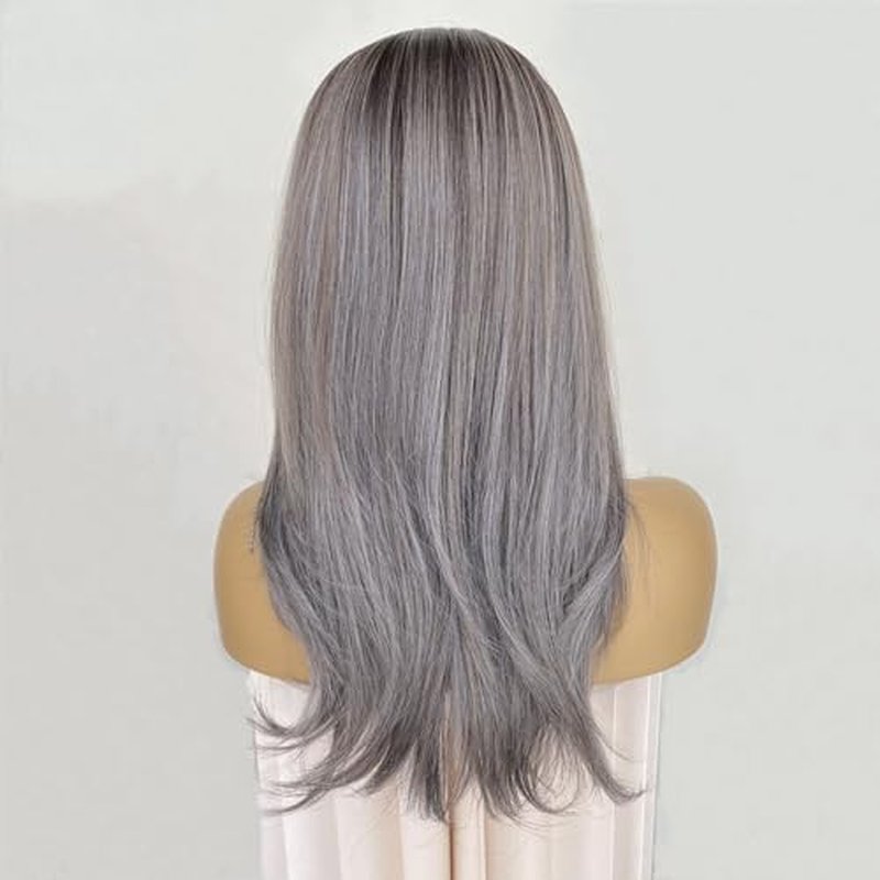 Ash Gray Brown Wig Highlight Dark Grey Color 13x4 Lace Front Wigs Layered Style Wavy Synthetic Fiber Hair 18Inch Pre Plucked for Women