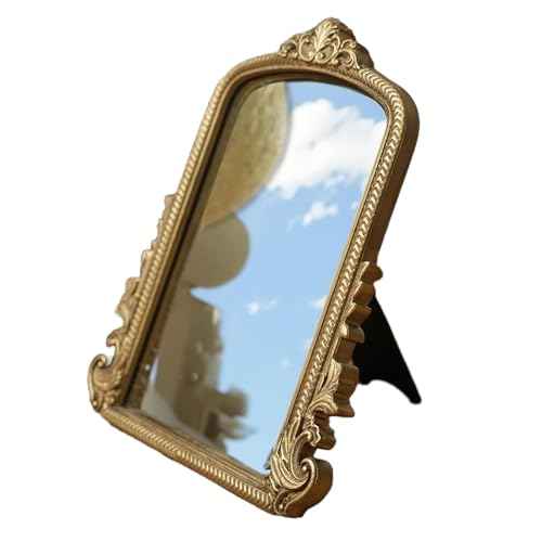 Small Gold Mirror, Vintage Vanity Makeup Desk Mirror, Tabletop 11.8" x 9.6" Wood Framed Antique Decor Mirrors, Standing Arched Desktop Mirror for Living Room, Bedroom, Bathroom