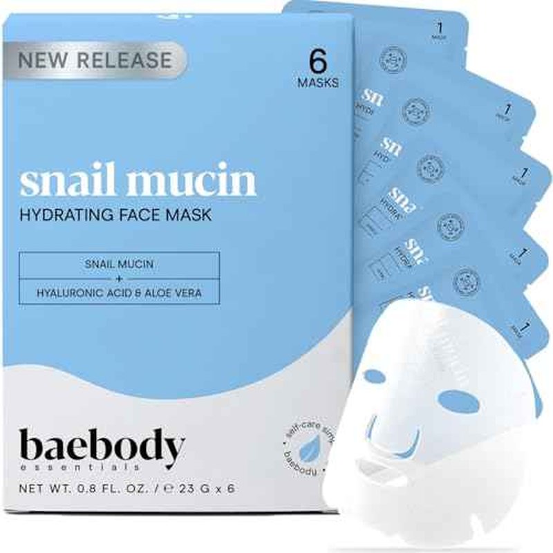 Baebody Snail Mucin Face Sheet Mask (6 pcs) - Anti Aging and Moisturizing Face Mask with Hyaluronic Acid - Deep Hydration for Youthful Skin