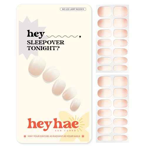 Heyhae Semi Cured Gel Nail Strips | No LED Lamp Needed | Ombre, Neutral, Spring | Easy Apply & Remove, Salon Quality |Includes 28 Strips, 1 Prep Pads, Nail File & Wooden stick- Hey, Sleepover Tonight?