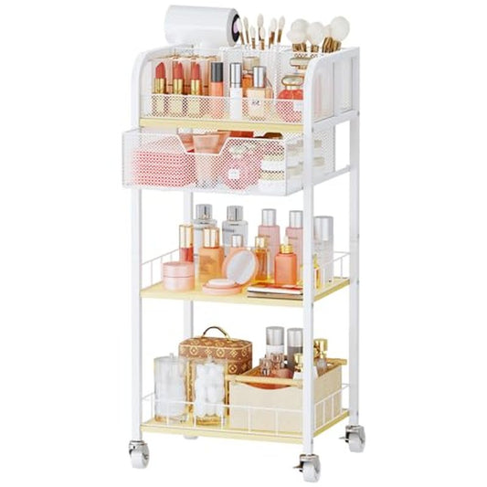 HapiRm Makeup Organizer Storage Cart - 4 Tier Skincare Make Up Storage with Drawer, Rolling Makeup Cart Vanity Organizer Cosmetics Display Cases Holder for Skin Care Perfume Nail Polish Brush