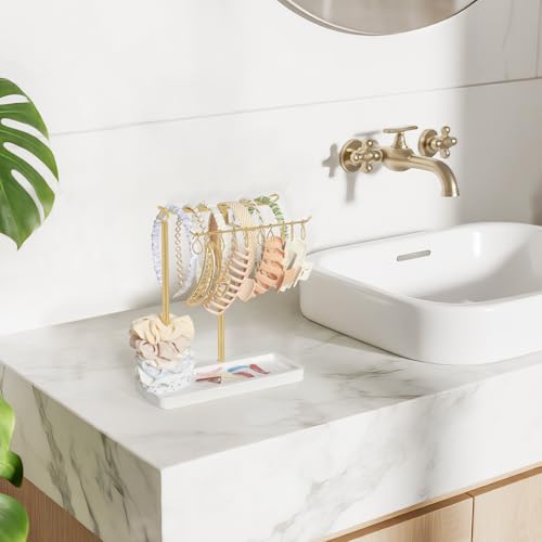 Dahey Headband Holder Multifunctional Hair Accessories Organizer Display Hairbands Claw Clips Scrunchie Metal Storage Stand Stylish Bedroom Dorm Bathroom Vanity Decor for Girls Women, Gold