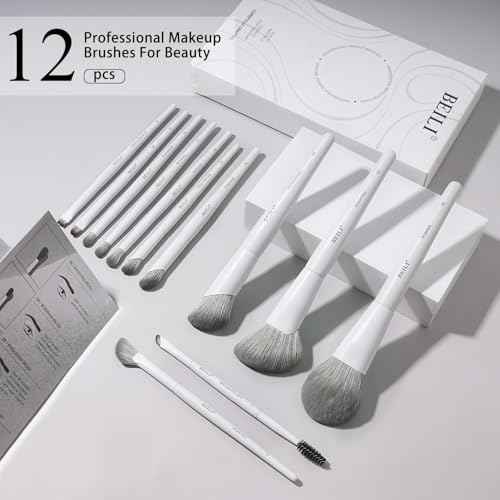 BEILI Makeup Brush Set,White Makeup Brush Set, 12 Vegan Makeup Brushes for Powder Foundation, Concealer, Eyebrows, Eyeshadow, Contour, Eyeliner, Blender Eye Brush (White)