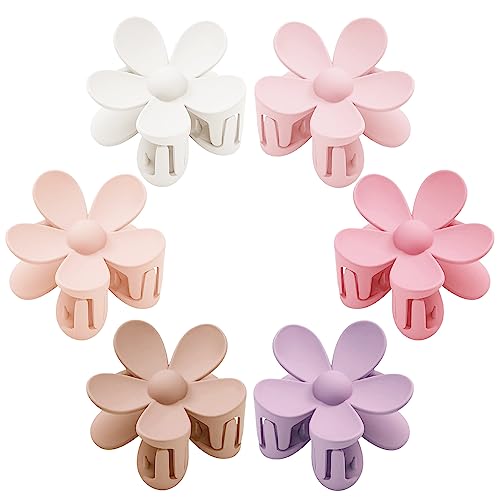 Flower Hair Clips 6 PCS Flower Claw Clips Daisy Clips for Women Matte Large Claw Clips Strong Hold Jaw Clamps Hair Accessories for Thick Hair 6 Colors