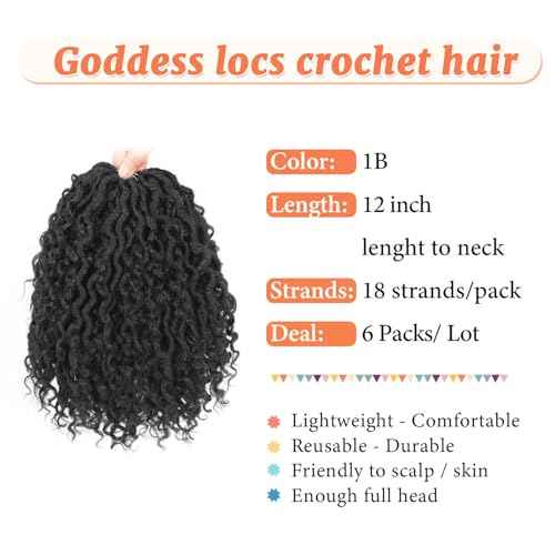Goddess Locs Crochet Hair 12 Inch Faux Locs Crochet Hair 6 Packs Pre Looped Crochet Hair for Black Women, Boho Crochet Locs with Curly Ends 1B