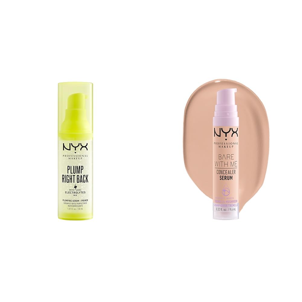 NYX PROFESSIONAL MAKEUP Plump Right Back Plumping Serum & Primer, With Hyaluronic Acid & Bare With Me Concealer Serum, Up To 24Hr Hydration - Light
