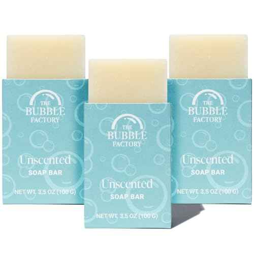 The Bubble Factory Handmade Natural Bath & Body Soap Bar, Vegan, All-Natural, Palm Oil Free, Made in USA with Shea Butter + Essential Oils, Unscented, 3 Bars