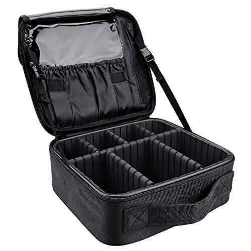 JOURMON Travel Makeup Bag, Large Capacity Cosmetic Train Case for Women Portable Pouch Open Flat Artist Brushes Toiletry Jewelry Digital Organizer Storage Bag with Adjustable Dividers (Black,S)