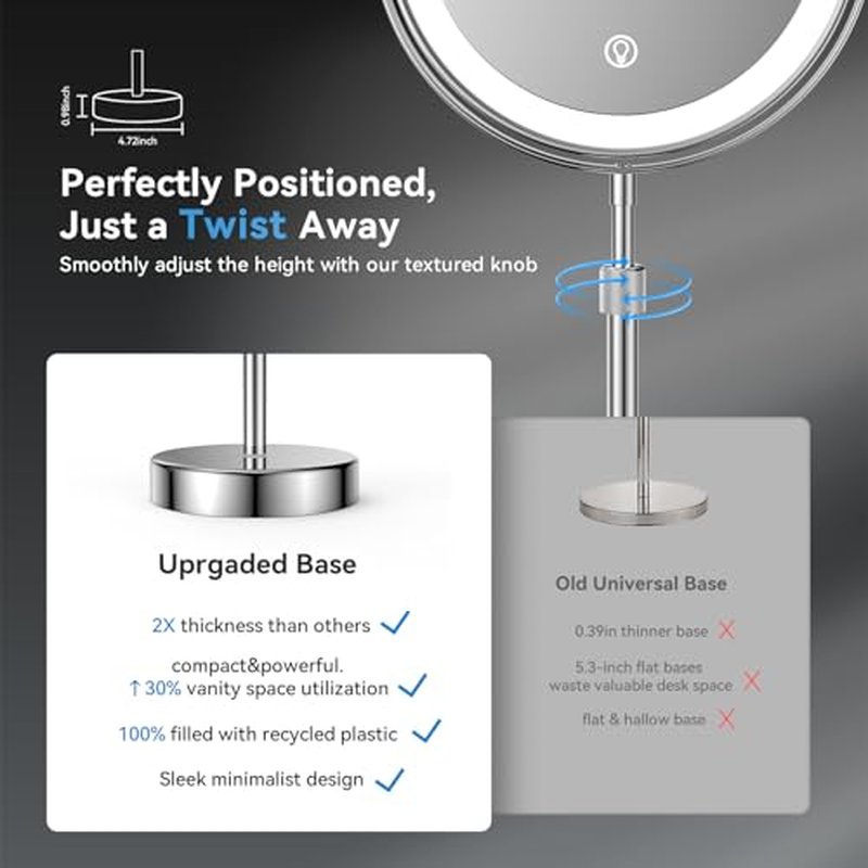 Nicesail LED Lighted Makeup Mirror Tabletop, 10X Magnifying Mirror with 3 Color Lights, Brightness Adjustable Height, Light up for Desk Make up Vanity Table, Double Sided Chrome Finish (8 Inch, 10X)