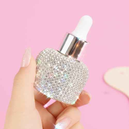 TISHAA Bling Refillable Glass Dropper Bottle for Essential Oils and Perfume ? 30ml Rhinestone Covered Vial with Leakproof Cap, Fancy Reusable Glitter Container