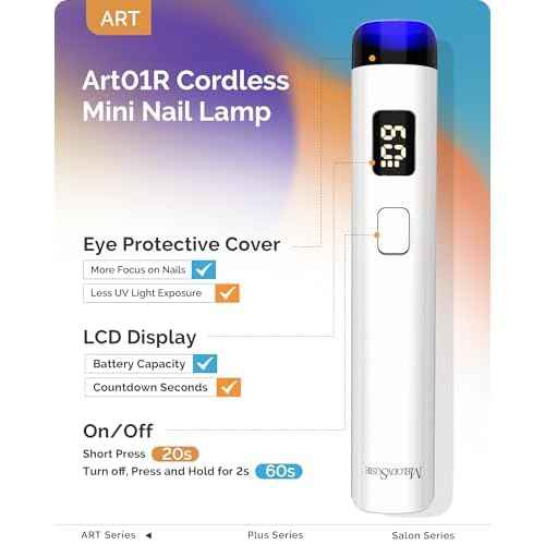 Melodysusie Handheld UV Light for Gel Nails, ART01R Cordless Gel X Nail Lamp Rechargeable with LCD Display, Eye-Protective Cover Flash Cure Nail Dryer for Rhinestone Glue Decoration DIY at Home White