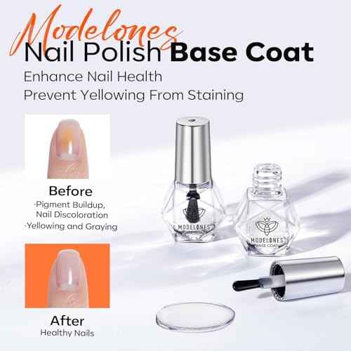 modelones 2 Pcs No Wipe Top Coat and Base Coat Nail Polish Set, Clear Quick Dry Nail Polish High Shine Long Lasting Glossy Regular Nail Lacquer Air Dry Fast Base Top Coat Gifts for Women Nail Art 5 ML