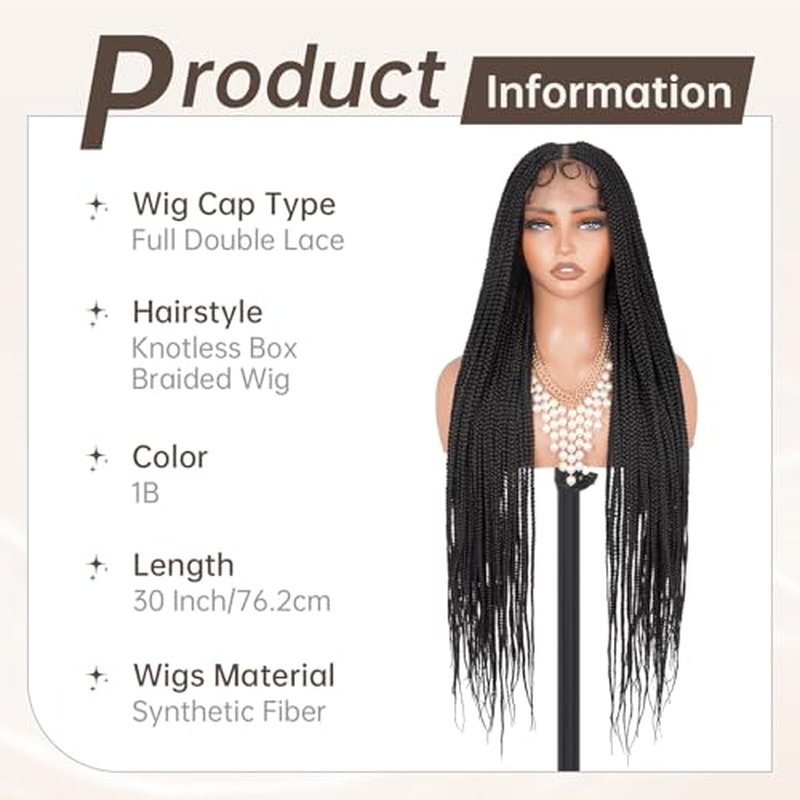 Box Braided Wig Full Double Lace Glueless Braids Wig with Baby Hair Human Hair Blended Synthetic Black Braided Wig for Black Women (1B, 30 Inch)