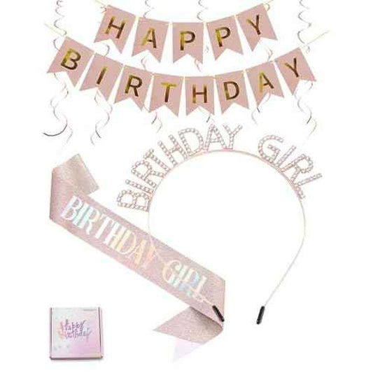 Rose Gold Birthday Girl Sash,Headband,Happy Birthday Banner,Hanging Swirl Decorations,Rhinestone Tiara Crown for Princess,Gift for Women.