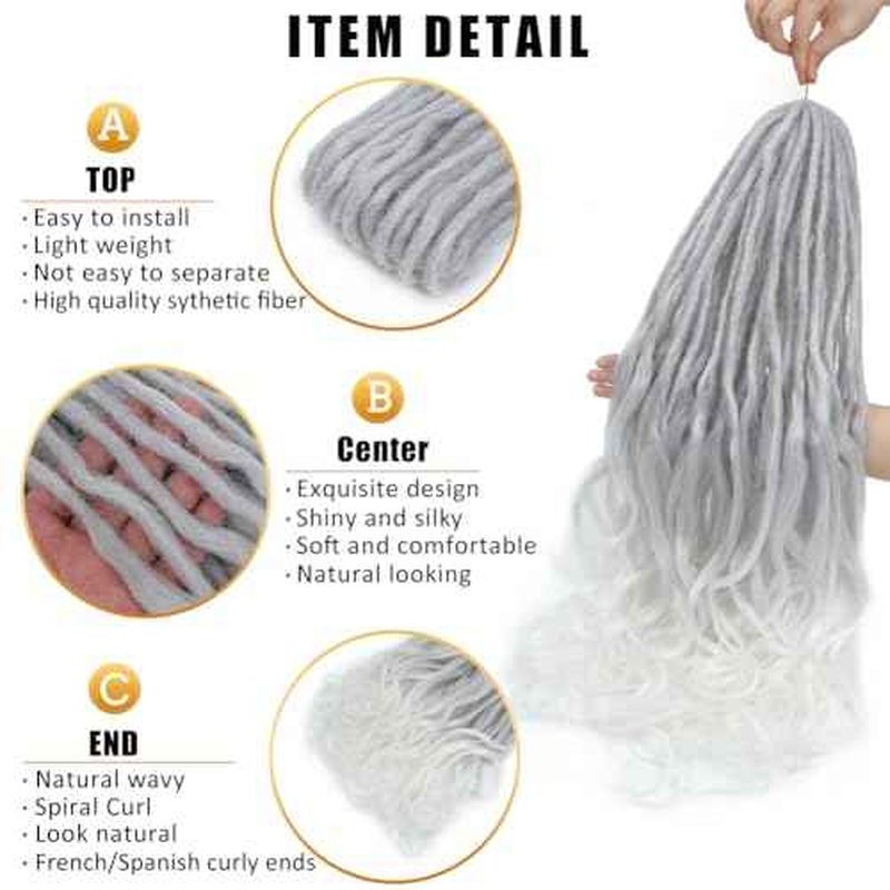 Loose Wave Dreadlocks Synthetic French Curly Double Ended Dreadlock Extensions 24inches 30 Strands Thin Soft Grey to White Spanish Curly DE Dreadlock Extensions for Women (30 Strands, G60)