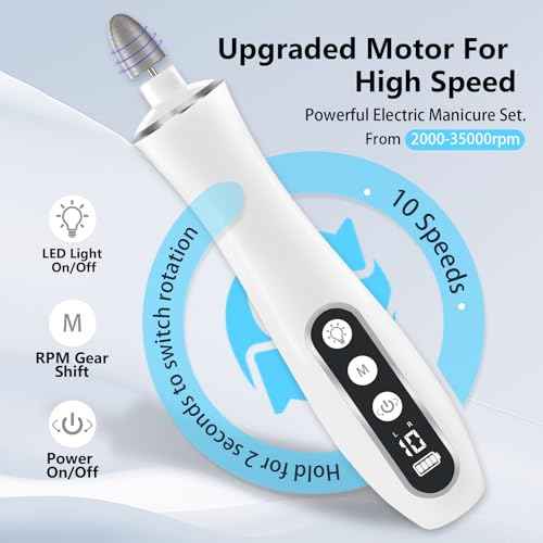 Electric Nail File Drill, Cordless 2000 mAh Rechargeable Nail Filer Electric, Portable Nail Dril 10 Speeds Professional Machine Drill for Nails Acrylic Manicure and Thick Toenails Grinder (White)