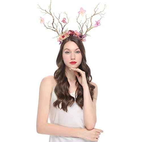 XIDAJIE Deer Antler Flower Crown Headbands Halloween Chritmas Long Antler Flower Branches Headband Props Horns Headpieces Hair Band Photo Shoot Forest Goddess Headdress Headwear, Light Brown