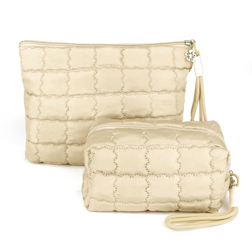 Richeart Makeup Bag Travel Toiletry Bag - Checkered Down Cotton Makeup Pouch for Women with Cosmetic and Pencil, Aesthetic Khaki Design, 2 Pieces