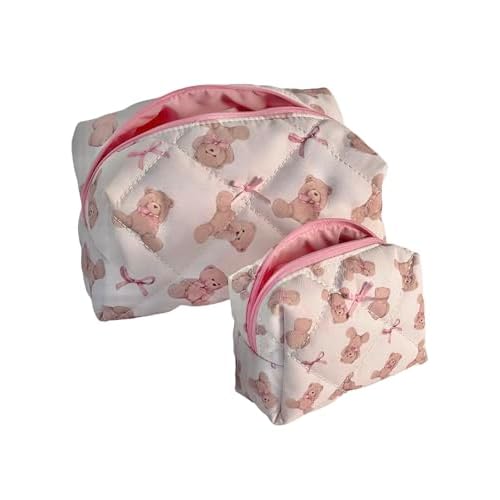 Teddy Bow Makeup Bag Set of 2, Cotton Quilted Bear Makeup Bags with Satin Pink Bows, Cute Girly Toiletry Pouch Set, Small Bag for Purse, Coquette Accessories, Aesthetic Gift Set for Women Teen Girls
