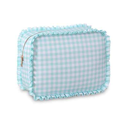 Gingham Ruffle Makeup Bag,Large Travel Cute Cosmetic Bag for Women Girls,Toiletry Bag Make up Organizer 10.8 x 4.5 x 8 inch (Mint Gingham)