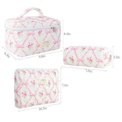 3Pcs Cotton Quilted Makeup Bag Large Travel Cosmetic Bag Coquette Makeup Pouch Cute Aesthetic Floral Toiletry Bag for Women Girls (flower-R)