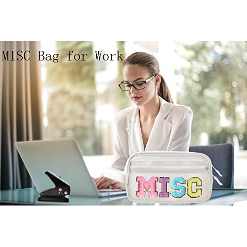 COSHAYSOO Clear MISC Makeup Bag Miscellaneous Stuff Organizer, Small Preppy Chenille Letter Patch Cosmetic Zipper Pouch, Toiletry Make Up Travel Purse Gifts for Teen Girls Women Daughter Sister