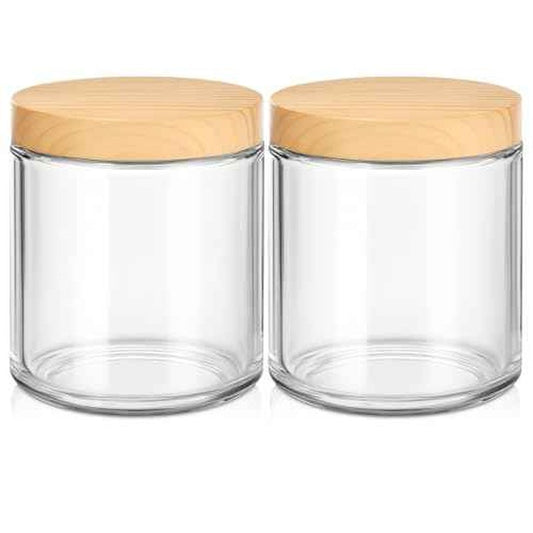 Small Glass Containers with Lids, 8 oz Glass Jars with Plastic Woodgrain Lids & Inner Liners, Reusable Travel Containers for Creams, Makeup, Lotion, Cosmetic - 2 pack