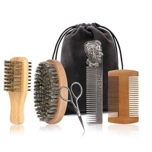 Beard Brush and Comb Set with Mustache Scissors Grooming Kit, Natural Boar Bristle, Dual Action Wood Comb, Dual Side Brush for Men's Facial Hair, Travel Bag