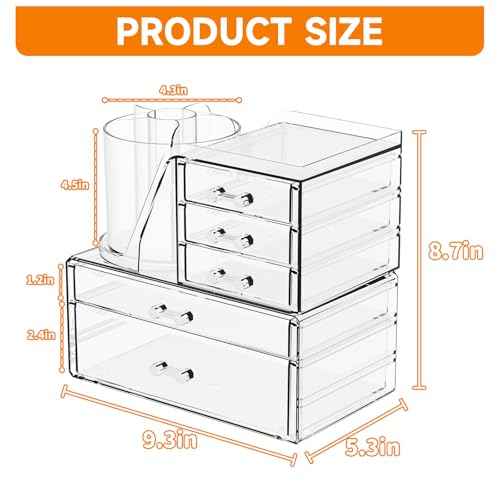 Clear Acrylic Makeup Organizers for Vanity,Countertop,3 Pack Make up Drawer Organizer With Makeup Brush Holder,Plastic Skincare Organizers for Hair Accessories,Beauty,Hair Products,Bathroom,Dresser