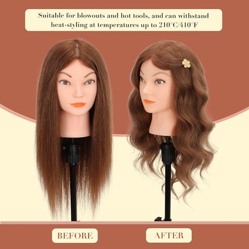 Mannequin Head with Human Hair - 20-22" Cosmetology Mannequin Head with 100% Real Human Hair for Braiding Practice Cutting - Manikin Head with Human Hair for Hairdresser with Tripod Set