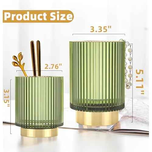 Makeup Brush Holder Organizer, Heavy Crystal Glass Brush Storage Holder, Vintage Cosmetic Make Up Bathroom Brushes Cup Pen Pencil Toothbrush Holder Striped Vase (S+L (green))