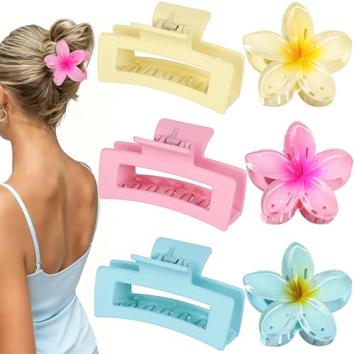 Flower Hair Clips for Women Square Claw Clips for Girls 2 Styles Hair Claw Clips for Thick or Thin Hair 6 PCS Hawaiian Hibiscus Rectangle Large Plumeria Medium Hair Accessories for Women (Pink)
