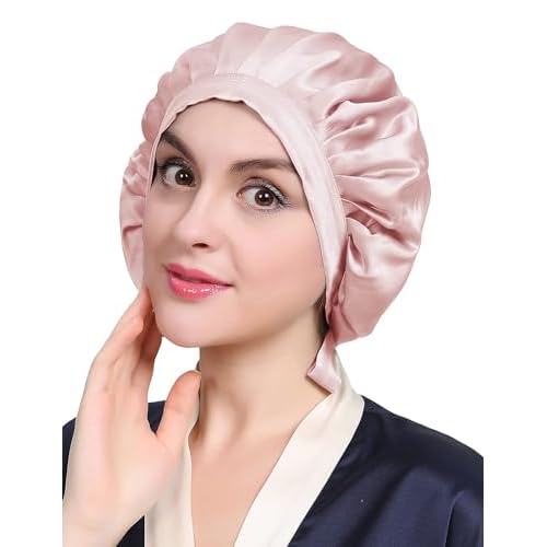 LilySilk 100% Mulberry Silk Bonnet, Silk Night Sleep Cap Adjustable Hair Wrap for Sleeping, Rosy Pink