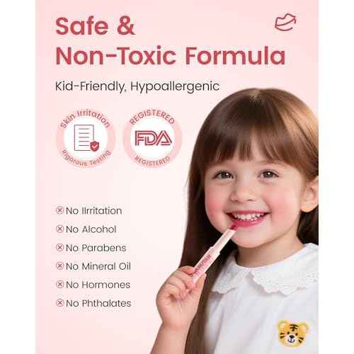 RUNBEN Kids Tinted Lip Balm, Strawberry-Scented Lipstick, 24H Moisturizing, Safe & Non-toxic Lip Gloss for Kids & Teen, Christmas Makeup Gift for Girls, 2g