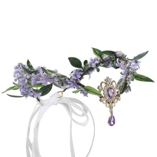 Bubbmi Fairy Costume Floral Headband, V-shape Woodland Elf Purple Flower Headpiece with Pendant for Women (ZM01PURPLE)
