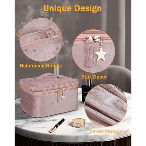 Wedama Makeup Bag Gift for Women, Double-layer Cosmetic Bag with Jewelry Storage and Brush Holder 3 Pcs Velvet Makeup Organizer Bag Gift Set Travel Toiletry Bag for Women Girls, Pink