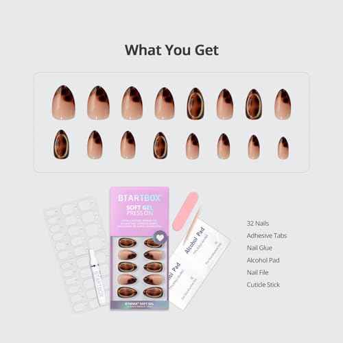 BTArtbox Press On Nails Almond - Amber Hoops, Tortoise Shell Short French Tip Press On Nails with Glue and Adhesive Tabs for Women, Soft Gel Glue On Nails in 16 Sizes - 32 Stick On Nails Kit