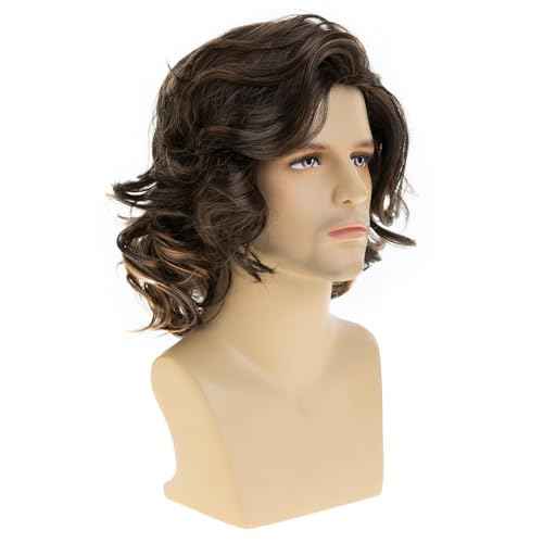 Mens Wig Brown Short Wavy Fluffy Cosplay Hair Wigs for Party Halloween Use
