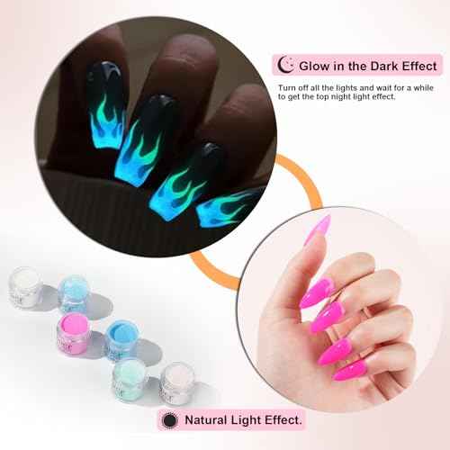 Glow in Dark Dip Powder Nail Set, 6 Colors 12 Pcs Dipping Powder Kit With Base & Top Coat/Activator/Brush Saver,Nail Art Dip Manicure Kits Odor-Free&Long-Lasting, No Needed Nail Lamp Curing