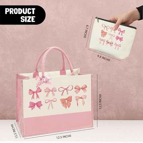 Bow Tote Bag Coquette Pink Bow Preppy Makeup Bag Set Cute Aesthetic Pink Bow Canvas Reusable Grocery Shopping Bag