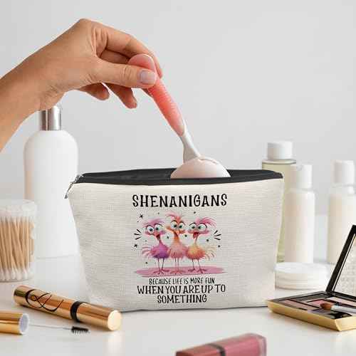 Funny Pink Flamingo Makeup Bag, Flamingo Gifts for Women, Pink Flamingo Gifts, Shenanigans Because Life is More Fun When You Up to Something Cosmetic Bags Toiletry Bag
