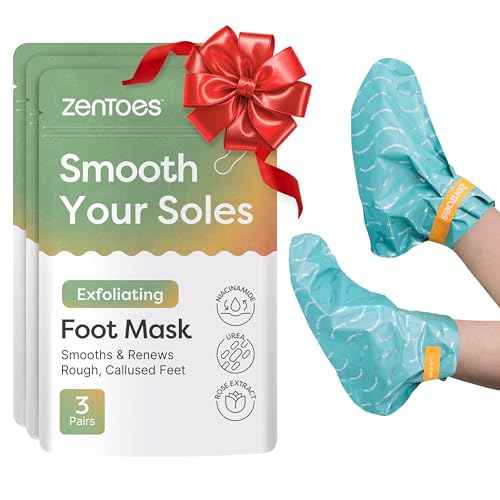 ZenToes Exfoliating Foot Mask for Dry Cracked Feet | Urea, Niacinamide & Rose Extract Infused No Harsh Foot Peeling Mask | Spa Experience At Home | Mess Free Design | Cucumber Rose Scented, 3 Pairs